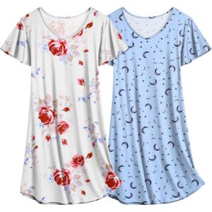 imageEkouaer 2 Pack Nightgowns for Women Flare Short Sleeve Sleepshirt V Neck Sleepwear Pajama Dress S2XLFlowerblue Star