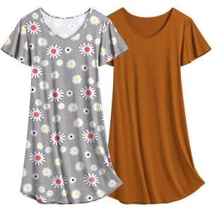 imageEkouaer 2 Pack Nightgowns for Women Flare Short Sleeve Sleepshirt V Neck Sleepwear Pajama Dress S2XLGrey Flower  Brown