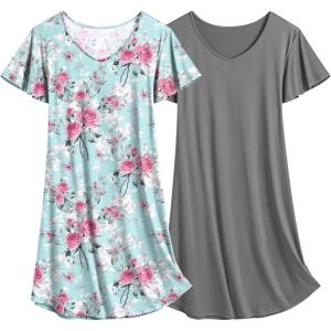imageEkouaer 2 Pack Nightgowns for Women Flare Short Sleeve Sleepshirt V Neck Sleepwear Pajama Dress S2XLGreyrose Print