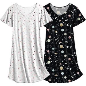 imageEkouaer 2 Pack Nightgowns for Women Flare Short Sleeve Sleepshirt V Neck Sleepwear Pajama Dress S2XLHeartmoon Print