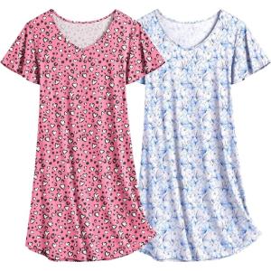 imageEkouaer 2 Pack Nightgowns for Women Flare Short Sleeve Sleepshirt V Neck Sleepwear Pajama Dress S2XLLeopardbutterfly Print