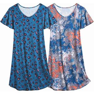 imageEkouaer 2 Pack Nightgowns for Women Flare Short Sleeve Sleepshirt V Neck Sleepwear Pajama Dress S2XLLeopardflower