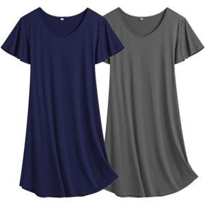 imageEkouaer 2 Pack Nightgowns for Women Flare Short Sleeve Sleepshirt V Neck Sleepwear Pajama Dress S2XLNavygrey