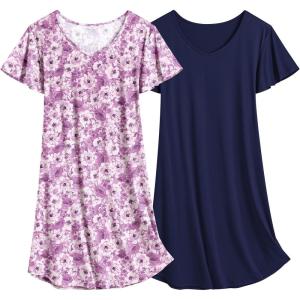 imageEkouaer 2 Pack Nightgowns for Women Flare Short Sleeve Sleepshirt V Neck Sleepwear Pajama Dress S2XLNavypurple Floral