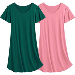 imageEkouaer 2 Pack Nightgowns for Women Flare Short Sleeve Sleepshirt V Neck Sleepwear Pajama Dress S2XLPink  Green