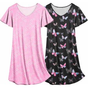 imageEkouaer 2 Pack Nightgowns for Women Flare Short Sleeve Sleepshirt V Neck Sleepwear Pajama Dress S2XLPinkbutterfly