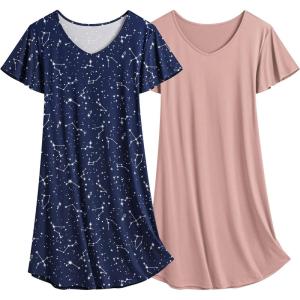 imageEkouaer 2 Pack Nightgowns for Women Flare Short Sleeve Sleepshirt V Neck Sleepwear Pajama Dress S2XLPinkstar Print