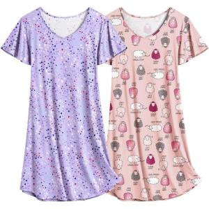 imageEkouaer 2 Pack Nightgowns for Women Flare Short Sleeve Sleepshirt V Neck Sleepwear Pajama Dress S2XLStar  Sheep Print
