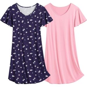 imageEkouaer 2 Pack Nightgowns for Women Flare Short Sleeve Sleepshirt V Neck Sleepwear Pajama Dress S2XLStar Print  Pink
