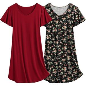 imageEkouaer 2 Pack Nightgowns for Women Flare Short Sleeve Sleepshirt V Neck Sleepwear Pajama Dress S2XLWine Red  Floral