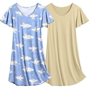 imageEkouaer 2 Pack Nightgowns for Women Flare Short Sleeve Sleepshirt V Neck Sleepwear Pajama Dress S2XLYellow  Cloud