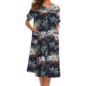 imageEkouaer House Dress for Women with Pockets Button Down Duster Housecoat Short Sleeve Mumu Nightgown SXXXLBlack Palm Tree