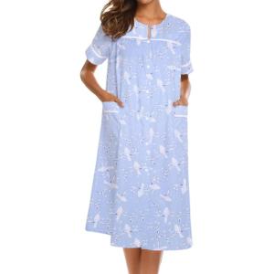imageEkouaer House Dress for Women with Pockets Button Down Duster Housecoat Short Sleeve Mumu Nightgown SXXXLBlue Pigeon
