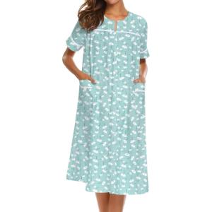 imageEkouaer House Dress for Women with Pockets Button Down Duster Housecoat Short Sleeve Mumu Nightgown SXXXLGreen Flower