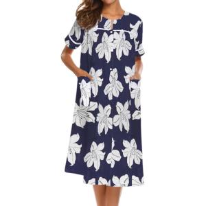 imageEkouaer House Dress for Women with Pockets Button Down Duster Housecoat Short Sleeve Mumu Nightgown SXXXLNavy Flower