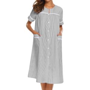 imageEkouaer House Dress for Women with Pockets Button Down Duster Housecoat Short Sleeve Mumu Nightgown SXXXLStriped Black