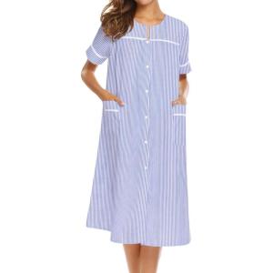 imageEkouaer House Dress for Women with Pockets Button Down Duster Housecoat Short Sleeve Mumu Nightgown SXXXLStriped Blue