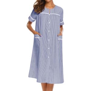 imageEkouaer House Dress for Women with Pockets Button Down Duster Housecoat Short Sleeve Mumu Nightgown SXXXLStriped Navy