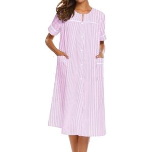 imageEkouaer House Dress for Women with Pockets Button Down Duster Housecoat Short Sleeve Mumu Nightgown SXXXLStriped Pink