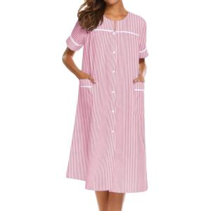 imageEkouaer House Dress for Women with Pockets Button Down Duster Housecoat Short Sleeve Mumu Nightgown SXXXLStriped Red