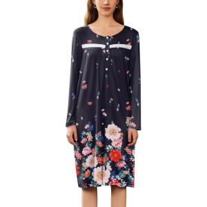 imageEkouaer Nightgowns for Women Long Sleeve Sleepshirt Button Nightshirt Floral Sleepwear Night Dress with Pockets SXXXLBlack Floral