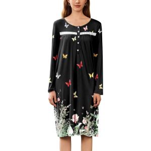 imageEkouaer Nightgowns for Women Long Sleeve Sleepshirt Button Nightshirt Floral Sleepwear Night Dress with Pockets SXXXLBlack Leaf  Butterfly