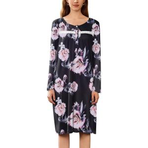 imageEkouaer Nightgowns for Women Long Sleeve Sleepshirt Button Nightshirt Floral Sleepwear Night Dress with Pockets SXXXLBlack Orange Floral