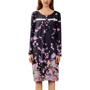 imageEkouaer Nightgowns for Women Long Sleeve Sleepshirt Button Nightshirt Floral Sleepwear Night Dress with Pockets SXXXLBlack Pink Floral