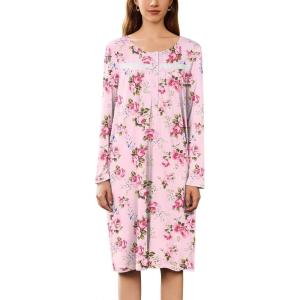 imageEkouaer Nightgowns for Women Long Sleeve Sleepshirt Button Nightshirt Floral Sleepwear Night Dress with Pockets SXXXLPink Floral