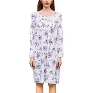 imageEkouaer Nightgowns for Women Long Sleeve Sleepshirt Button Nightshirt Floral Sleepwear Night Dress with Pockets SXXXLWhite Purple Floral