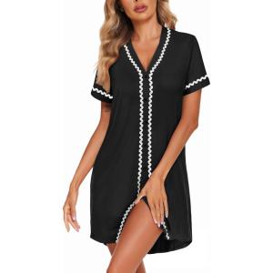 imageEkouaer Womens Nightgown Button Down Sleepshirt Short Sleeve Nightshirt V Neck Sleepwear Pajama DressBlack