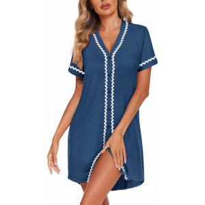 imageEkouaer Womens Nightgown Button Down Sleepshirt Short Sleeve Nightshirt V Neck Sleepwear Pajama DressDark Blue