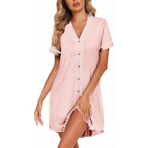imageEkouaer Womens Nightgown Button Down Sleepshirt Short Sleeve Nightshirt V Neck Sleepwear Pajama DressPink