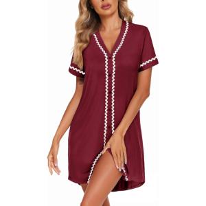 imageEkouaer Womens Nightgown Button Down Sleepshirt Short Sleeve Nightshirt V Neck Sleepwear Pajama DressWine Red