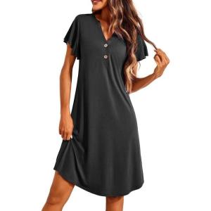 imageEkouaer Womens Nightgown Short Flare Sleeve Sleepshirt VNeck Sleepwear Soft Nightshirt Pajama Dress SXXLBlack