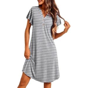 imageEkouaer Womens Nightgown Short Flare Sleeve Sleepshirt VNeck Sleepwear Soft Nightshirt Pajama Dress SXXLStripe Print
