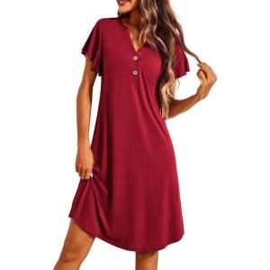 imageEkouaer Womens Nightgown Short Flare Sleeve Sleepshirt VNeck Sleepwear Soft Nightshirt Pajama Dress SXXLWine Red