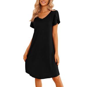 imageEkouaer Womens Nightgown Short Sleeves Sleepwear V Neck Nightgowns for Women Petal Sleeves Houses Dress Sleepshirt SXXLBlack