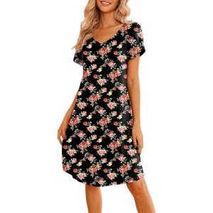 imageEkouaer Womens Nightgown Short Sleeves Sleepwear V Neck Nightgowns for Women Petal Sleeves Houses Dress Sleepshirt SXXLBlack Flower