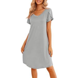 imageEkouaer Womens Nightgown Short Sleeves Sleepwear V Neck Nightgowns for Women Petal Sleeves Houses Dress Sleepshirt SXXLLight Grey