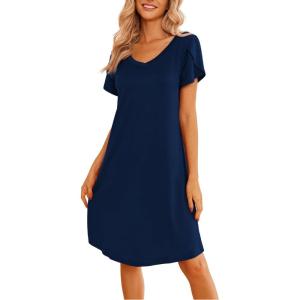 imageEkouaer Womens Nightgown Short Sleeves Sleepwear V Neck Nightgowns for Women Petal Sleeves Houses Dress Sleepshirt SXXLNavy Blue
