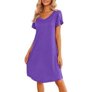 imageEkouaer Womens Nightgown Short Sleeves Sleepwear V Neck Nightgowns for Women Petal Sleeves Houses Dress Sleepshirt SXXLPurple