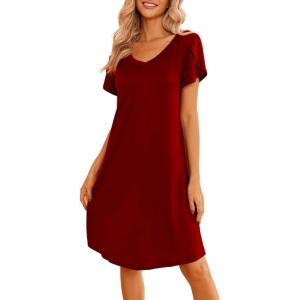 imageEkouaer Womens Nightgown Short Sleeves Sleepwear V Neck Nightgowns for Women Petal Sleeves Houses Dress Sleepshirt SXXLWine Red