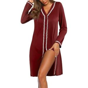 imageEkouaer Nightgowns for Women Long Sleeve Nightshirt Button Down Sleepshirt V Neck NightdressWine Red