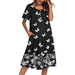 imageEkouaer Nightgowns for Women Short Sleeve House Dress with Pockets Floral Print Mumu DressButterfly Black
