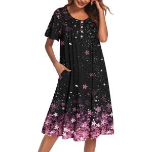 imageEkouaer Nightgowns for Women Short Sleeve House Dress with Pockets Floral Print Mumu DressCherry Blossoms Black