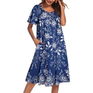 imageEkouaer Nightgowns for Women Short Sleeve House Dress with Pockets Floral Print Mumu DressFloral Blue