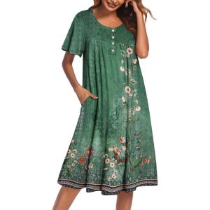 imageEkouaer Nightgowns for Women Short Sleeve House Dress with Pockets Floral Print Mumu DressFloral Green