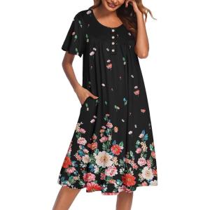 imageEkouaer Nightgowns for Women Short Sleeve House Dress with Pockets Floral Print Mumu DressFlower Black