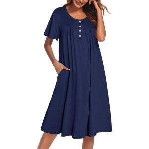 imageEkouaer Nightgowns for Women Short Sleeve House Dress with Pockets Floral Print Mumu DressNavy Blue